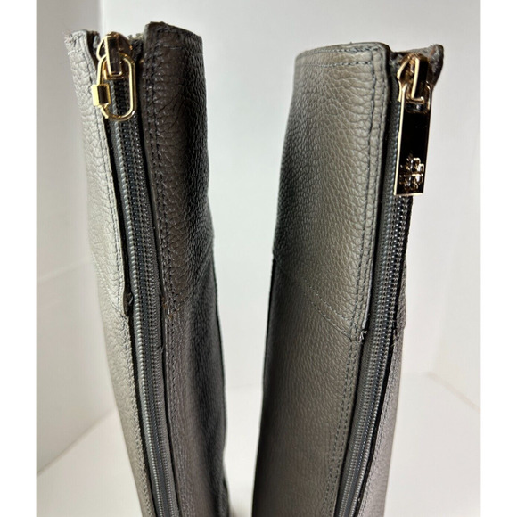 Tory Burch Pebbled Leather Back Zip Tall Block Heeled Buckle Boots Gray Size 6 M - Picture 7 of 15